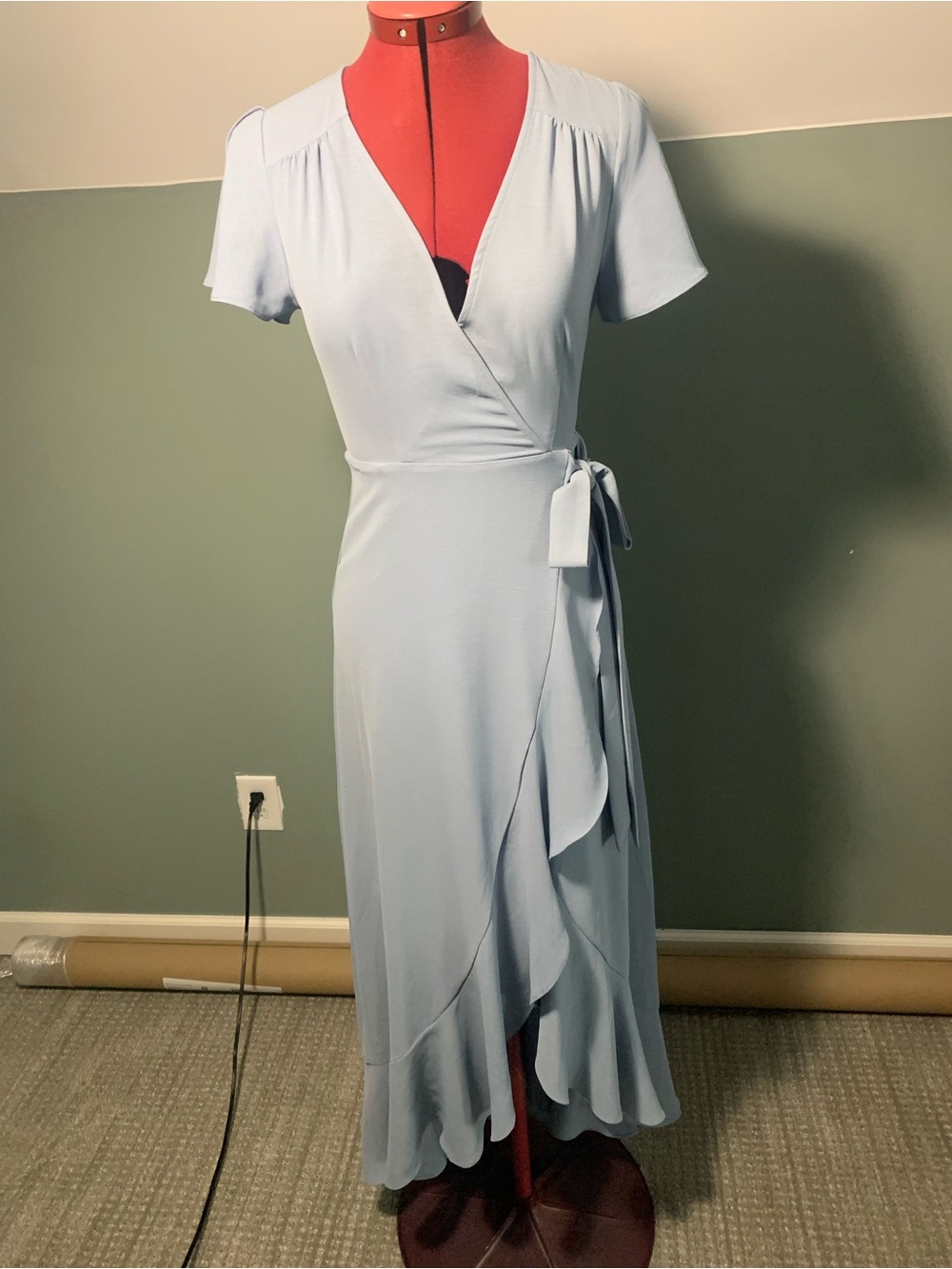 Altar'd State Light Blue Wrap Midi Dress with Ruffle Detail